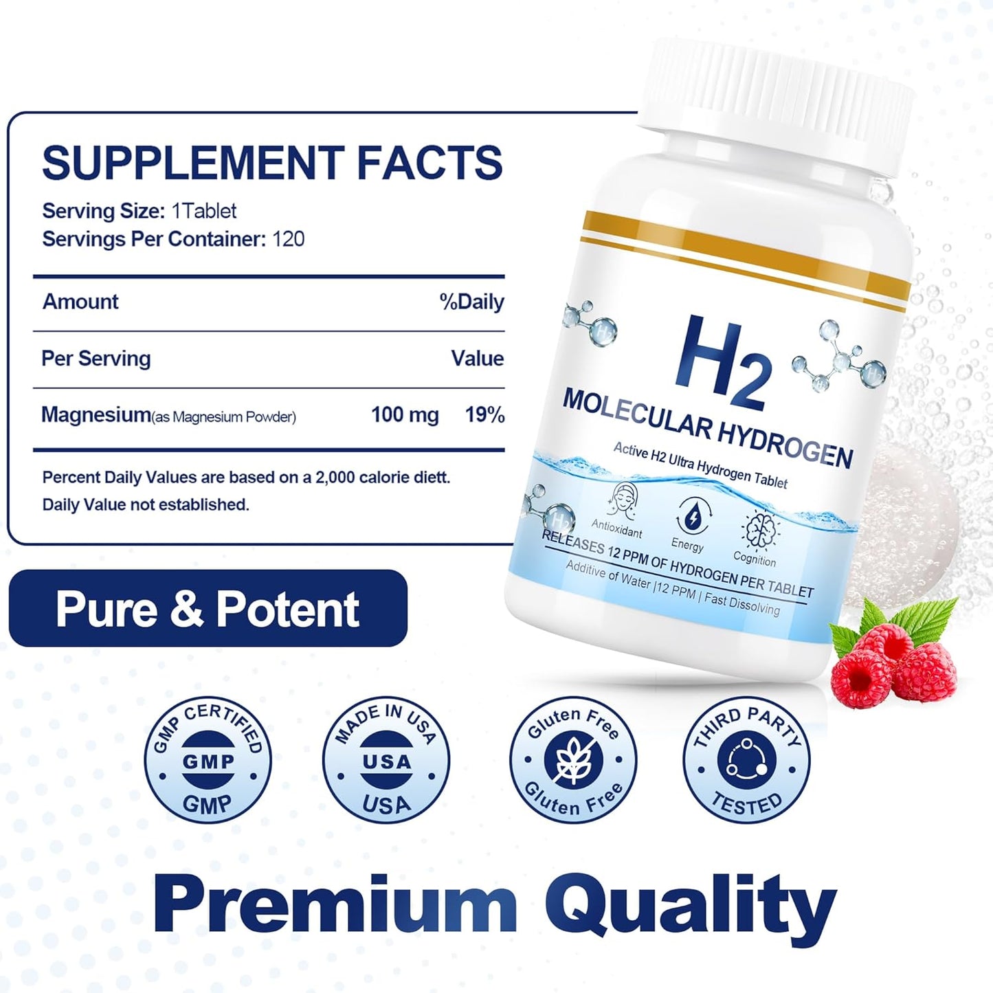 Molecular Hydrogen Tablets (12 PPM) - 120 Count High Potency H2 Supplement with Magnesium - Fast Dissolving Hydrogen Water