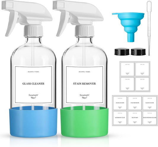 2 Pack Glass Spray Bottles with Silicone Sleeve,16Oz Clear Glass Spray Bottles