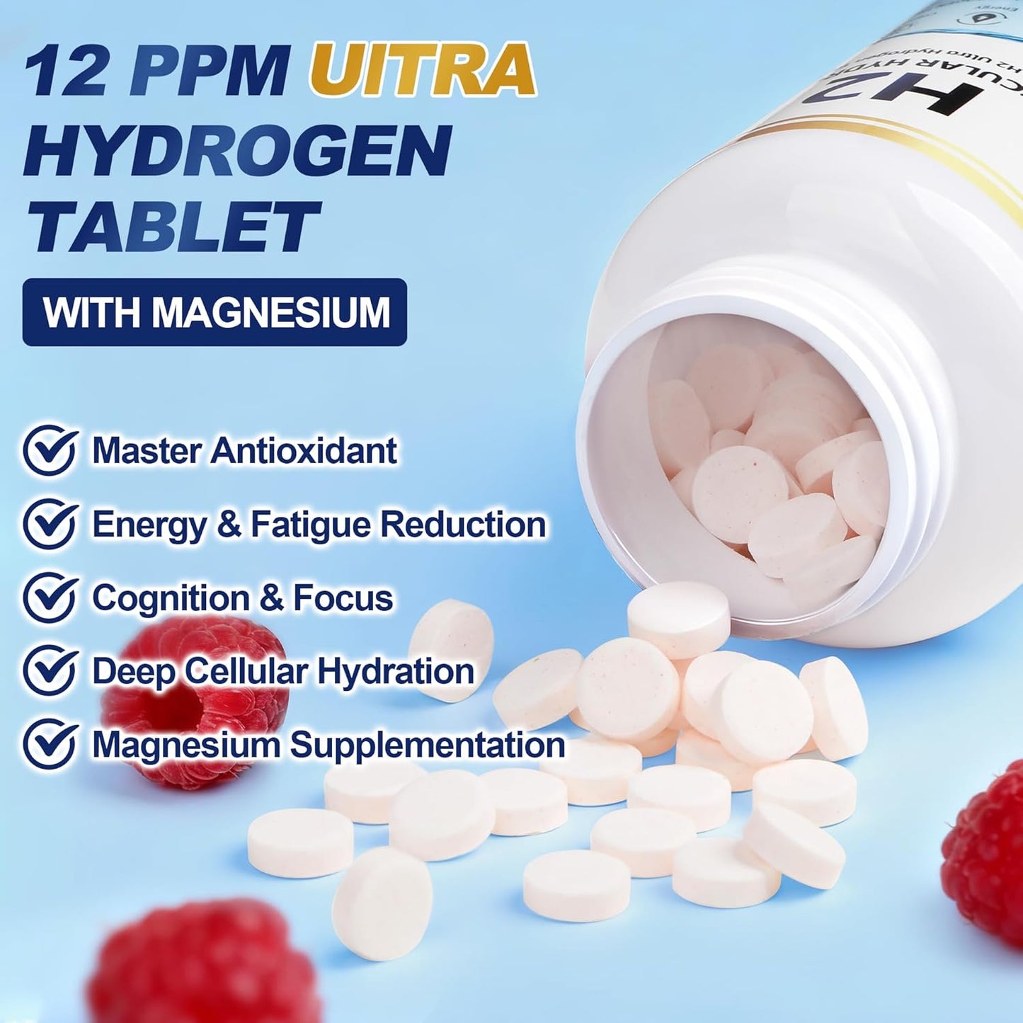Molecular Hydrogen Tablets (12 PPM) - 120 Count High Potency H2 Supplement with Magnesium - Fast Dissolving Hydrogen Water