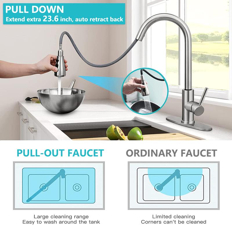 304 Stainless Steel Kitchen Faucet with Pull-Down Sprayer | Hot & Cold Water Mixer Tap | High Arc Single Handle Sink Faucet – Brushed Nickel Finish