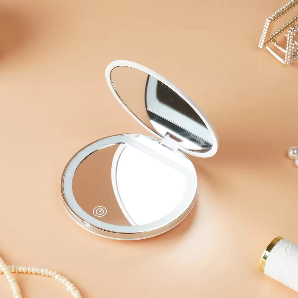 Rechargeable Portable Travel LED Makeup Mirror Handheld Pocket Compact Folding Cosmetic Mirror with Lights 1X/3X Magnification