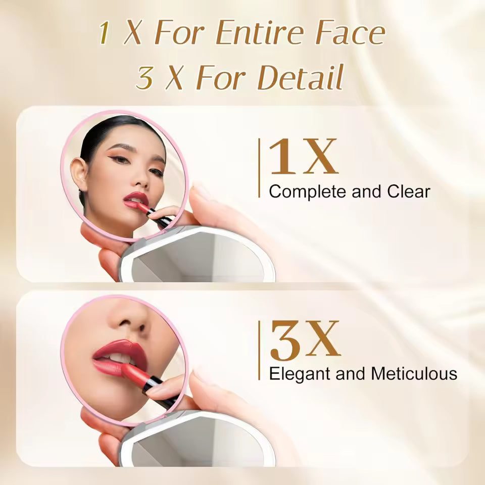 Rechargeable Portable Travel LED Makeup Mirror Handheld Pocket Compact Folding Cosmetic Mirror with Lights 1X/3X Magnification