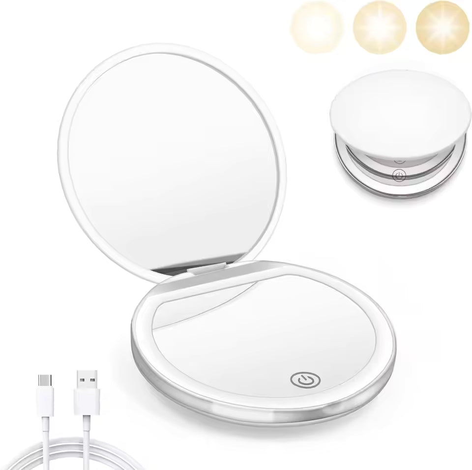 Rechargeable Portable Travel LED Makeup Mirror Handheld Pocket Compact Folding Cosmetic Mirror with Lights 1X/3X Magnification