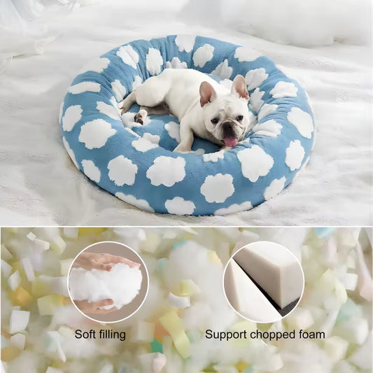 Dog Kennel with Blue Sky White Clouds Print,Cozy Round dog Pet Sofa With Shaggy Plush Slip Bottom(Not removable and washable)