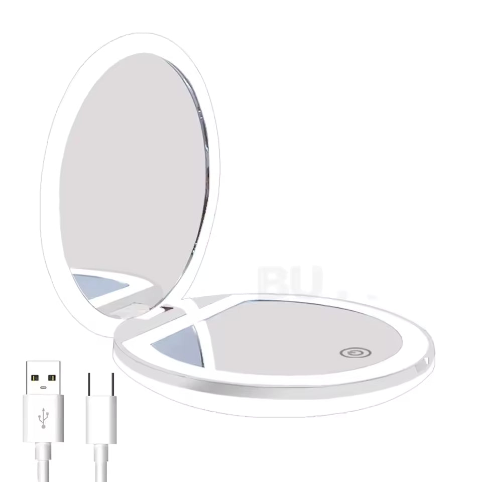 Rechargeable Portable Travel LED Makeup Mirror Handheld Pocket Compact Folding Cosmetic Mirror with Lights 1X/3X Magnification
