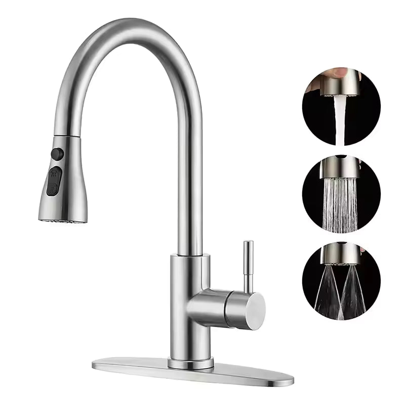304 Stainless Steel Kitchen Faucet with Pull-Down Sprayer | Hot & Cold Water Mixer Tap | High Arc Single Handle Sink Faucet – Brushed Nickel Finish